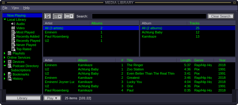 The Media Library window listing real artists, albums and tracks